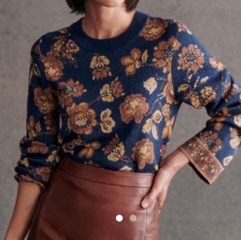 Floral Knit Sweater - Navy and Brown